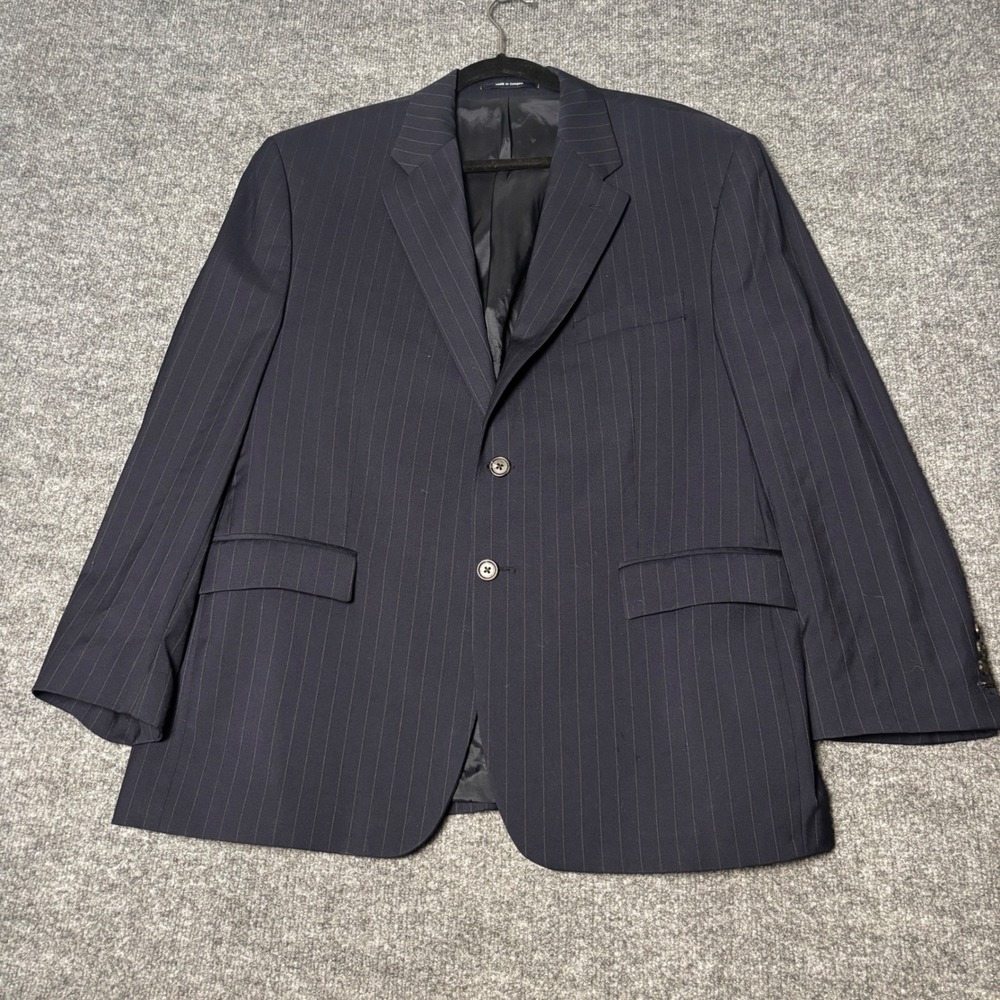 Chaps Ralph Lauren Suit Jacket Blazer Men 46R Navy Blue Pinstripe Wool 2 button